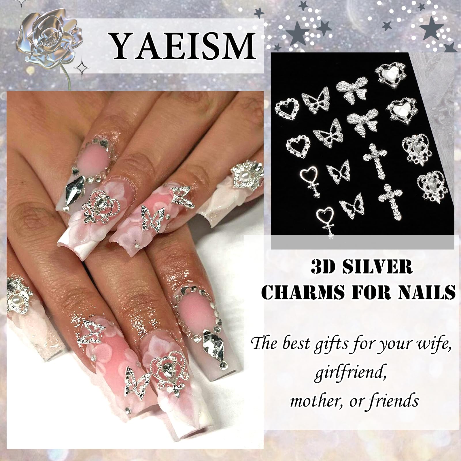 YAEISM 105PCS Silver Nail Charms – 3D Bows, Hearts, Butterflies & Crosses for Nail Art