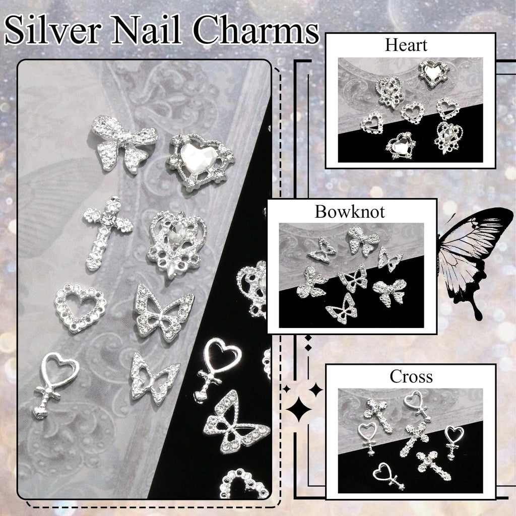 YAEISM 105PCS Silver Nail Charms – 3D Bows, Hearts, Butterflies & Crosses for Nail Art