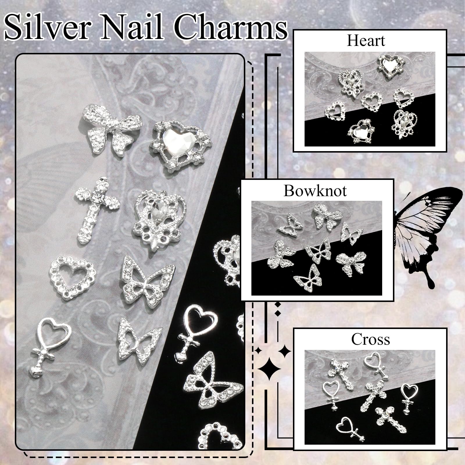 YAEISM 105PCS Silver Nail Charms – 3D Bows, Hearts, Butterflies & Crosses for Nail Art
