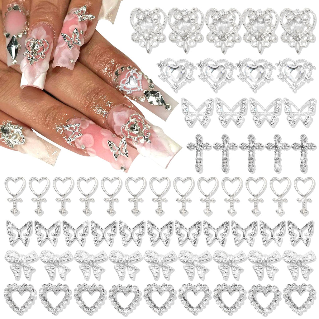 YAEISM 105PCS Silver Nail Charms – 3D Bows, Hearts, Butterflies & Crosses for Nail Art