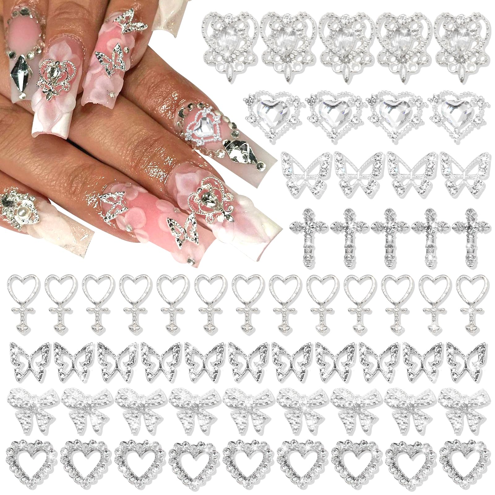 YAEISM 105PCS Silver Nail Charms – 3D Bows, Hearts, Butterflies & Crosses for Nail Art