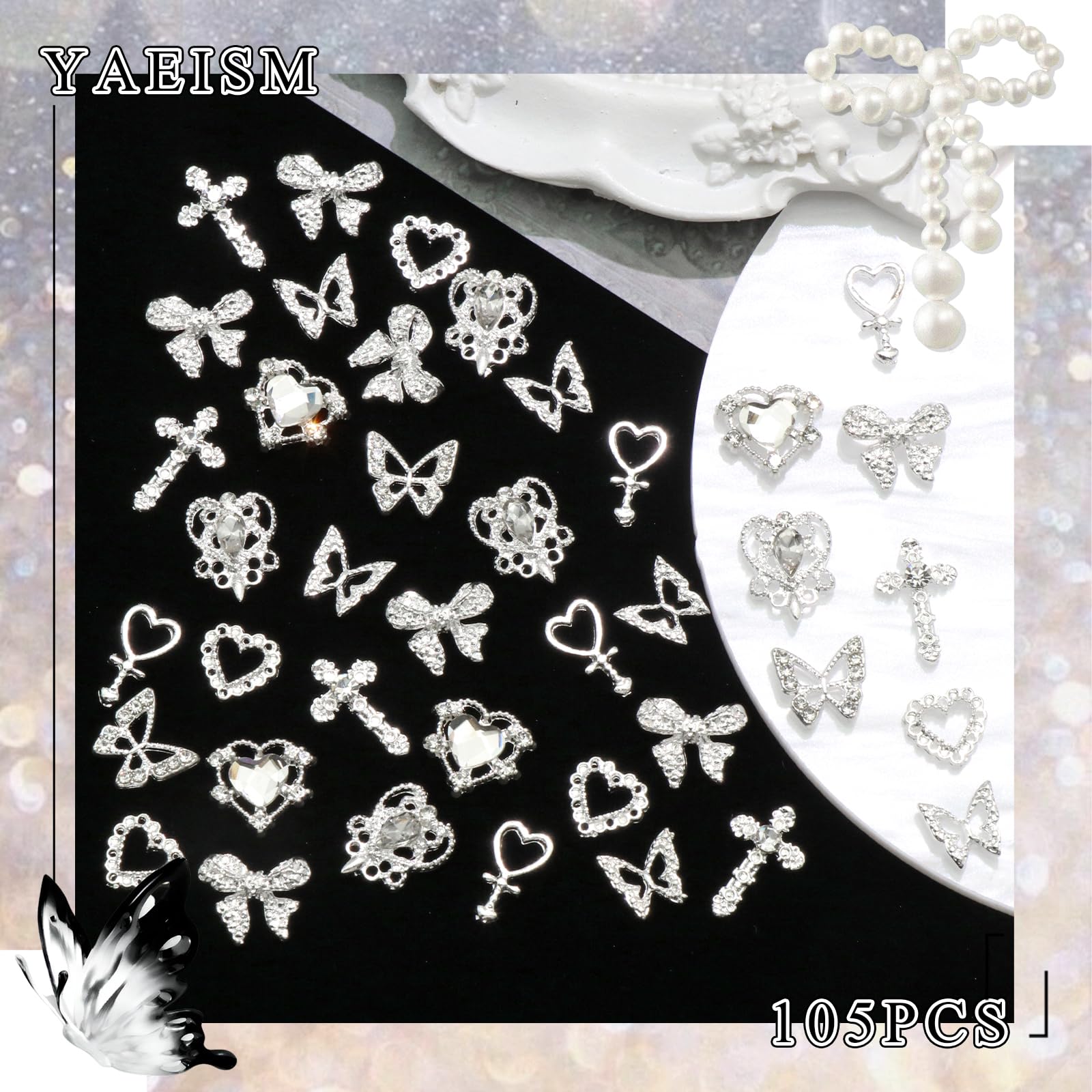 YAEISM 105PCS Silver Nail Charms – 3D Bows, Hearts, Butterflies & Crosses for Nail Art