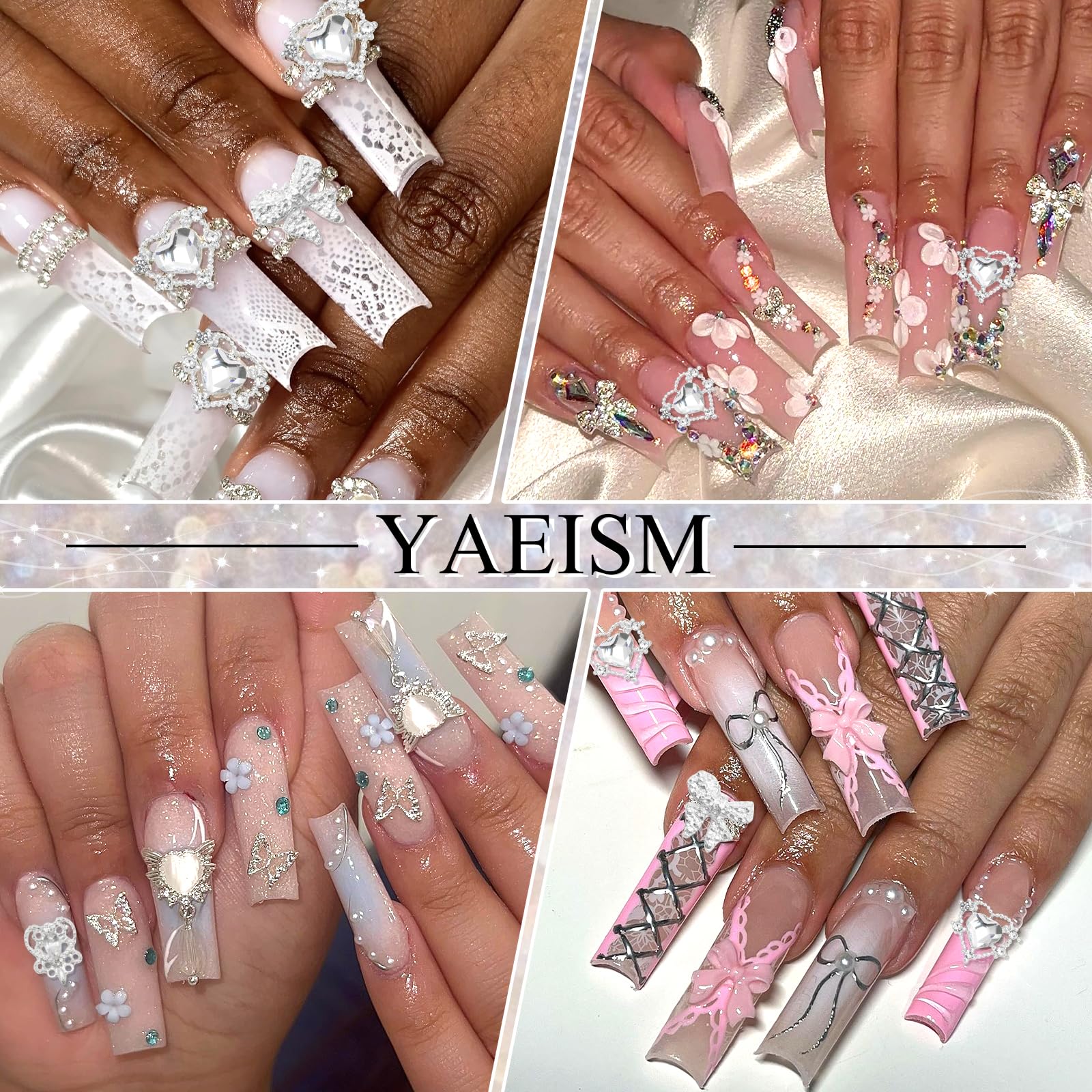 YAEISM 105PCS Silver Nail Charms – 3D Bows, Hearts, Butterflies & Crosses for Nail Art