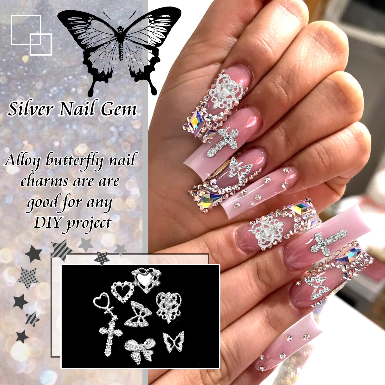 YAEISM 105PCS Silver Nail Charms – 3D Bows, Hearts, Butterflies & Crosses for Nail Art