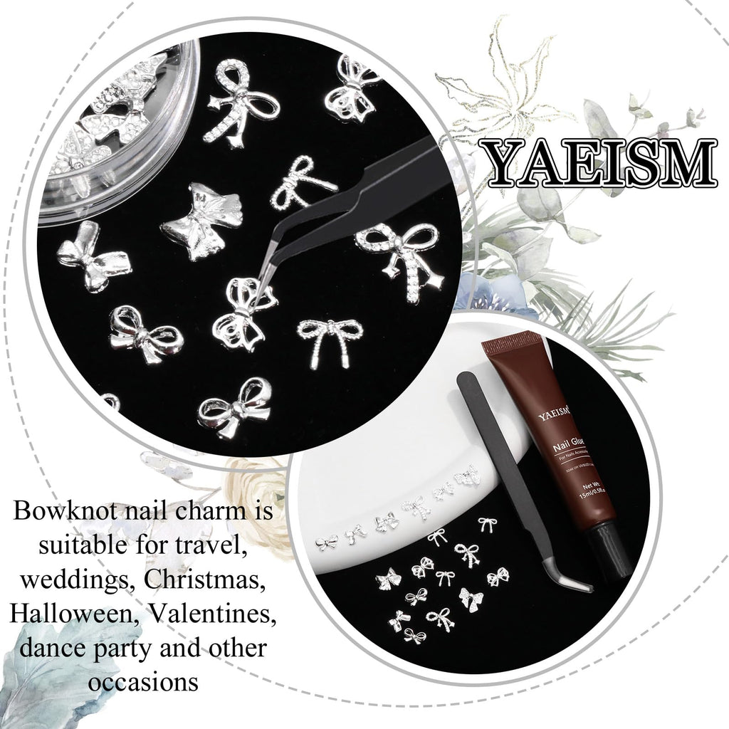 YAEISM Bow Nail Charms Kit – 70Pcs Silver Bowknot with Glue Gel & Tweezers