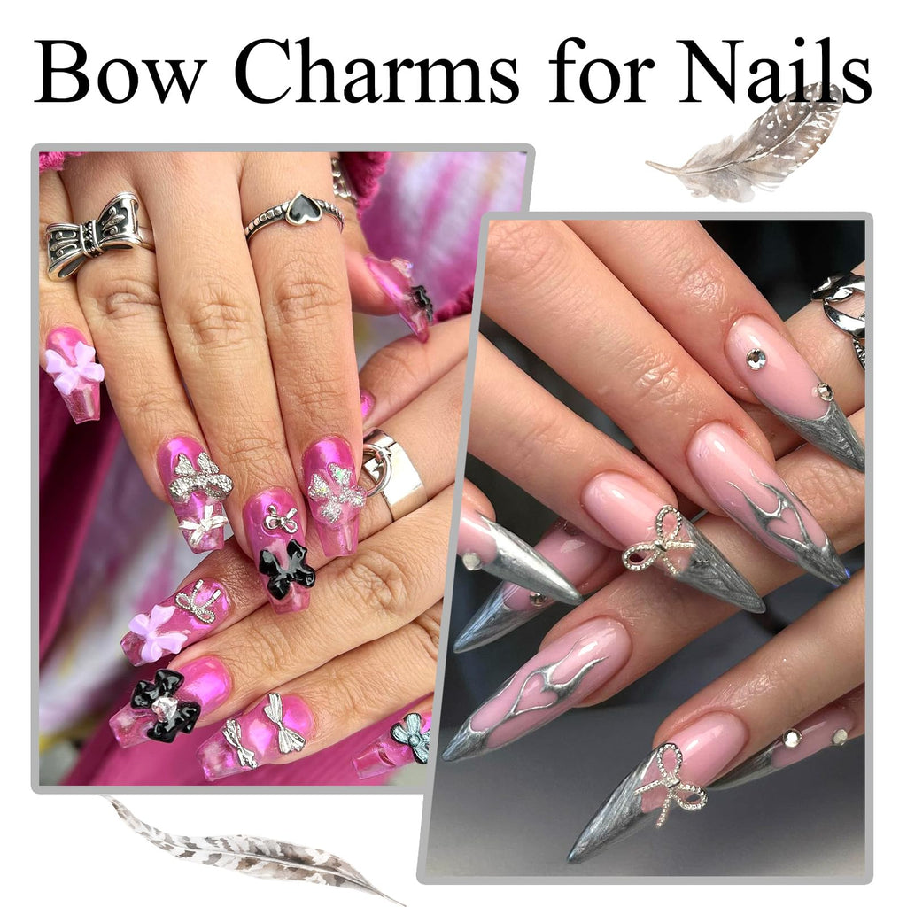 YAEISM Bow Nail Charms Kit – 70Pcs Silver Bowknot with Glue Gel & Tweezers