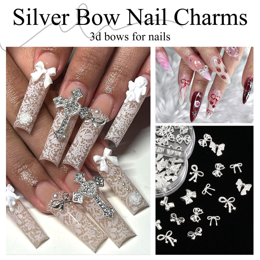 YAEISM Bow Nail Charms Kit – 70Pcs Silver Bowknot with Glue Gel & Tweezers