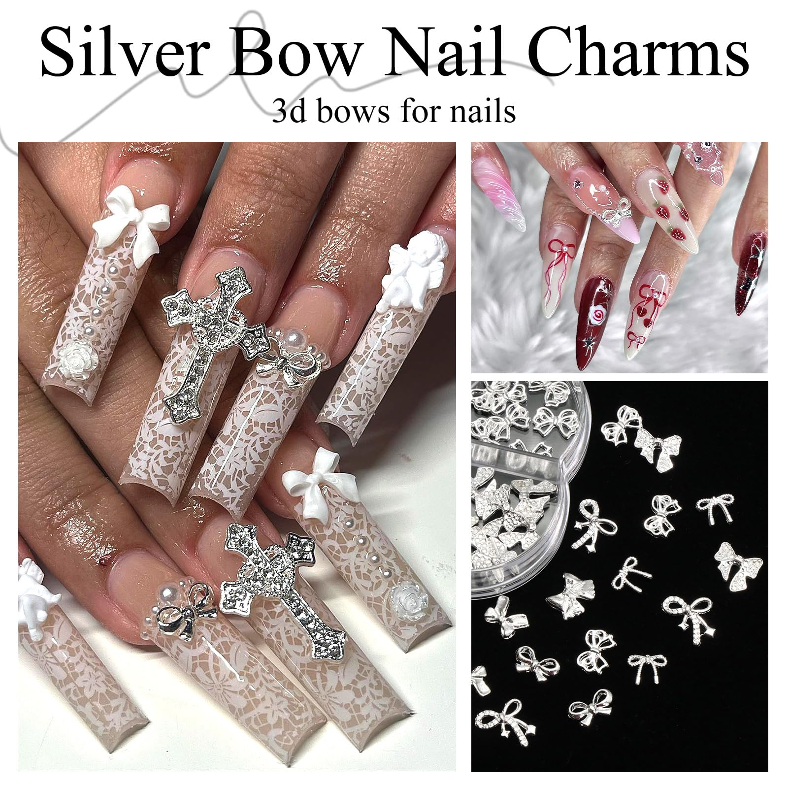 YAEISM Bow Nail Charms Kit – 70Pcs Silver Bowknot with Glue Gel & Tweezers