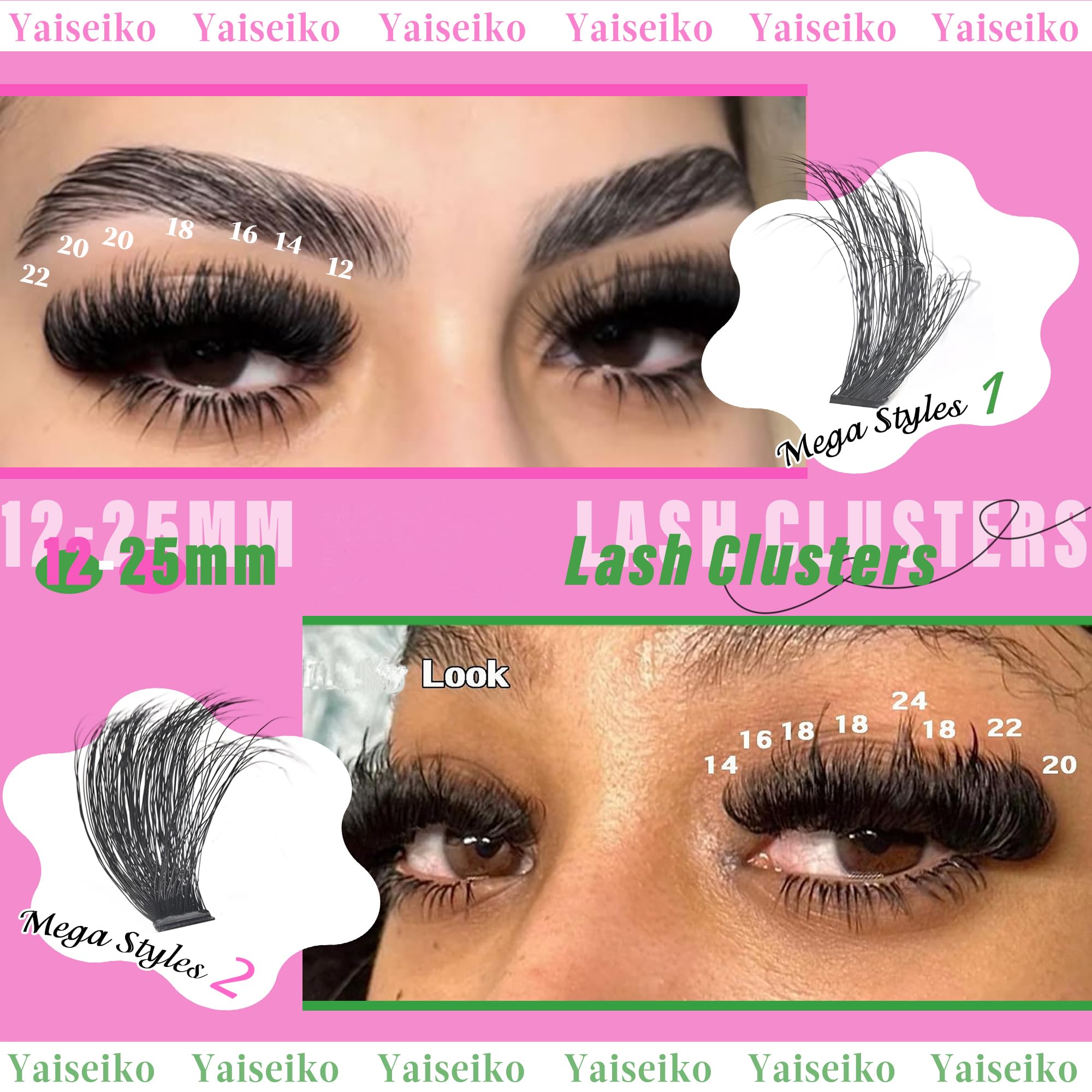 Yaiseiko Lash Clusters Kit 100D+200D Thick Volume Lashes – 12-25mm DIY Kit