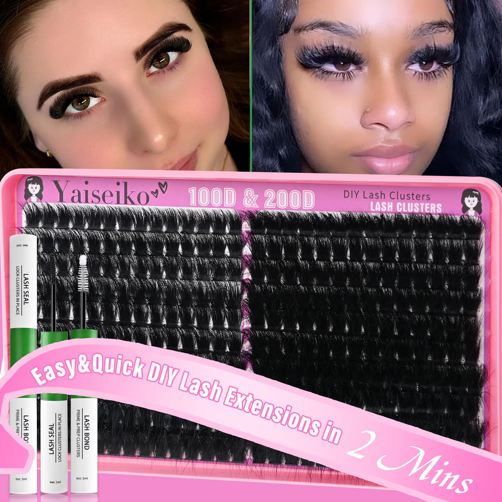 Yaiseiko Lash Clusters Kit 100D+200D Thick Volume Lashes – 12-25mm DIY Kit