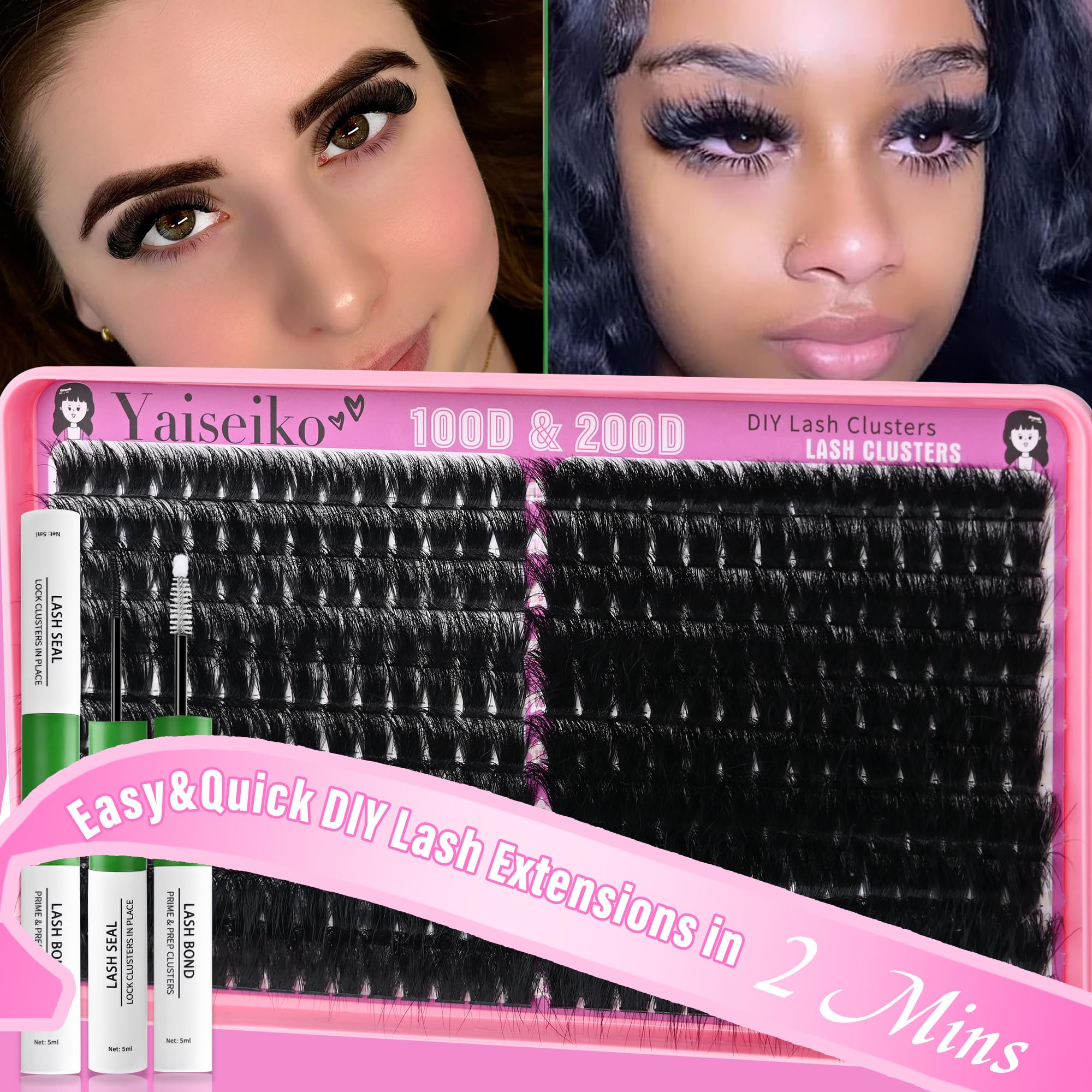 Yaiseiko Lash Clusters Kit 100D+200D Thick Volume Lashes – 12-25mm DIY Kit