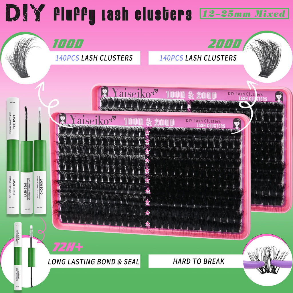 Yaiseiko Lash Clusters Kit 100D+200D Thick Volume Lashes – 12-25mm DIY Kit