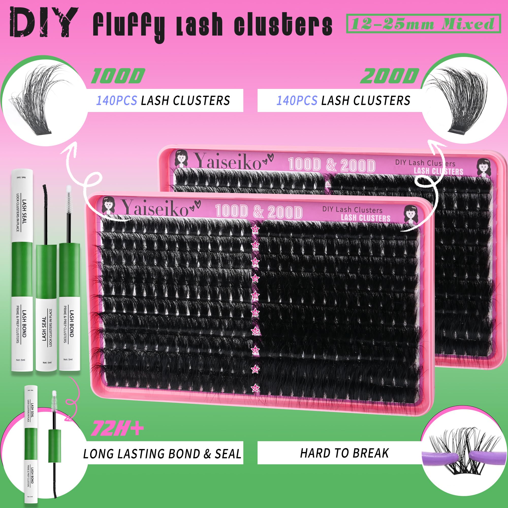 Yaiseiko Lash Clusters Kit 100D+200D Thick Volume Lashes – 12-25mm DIY Kit