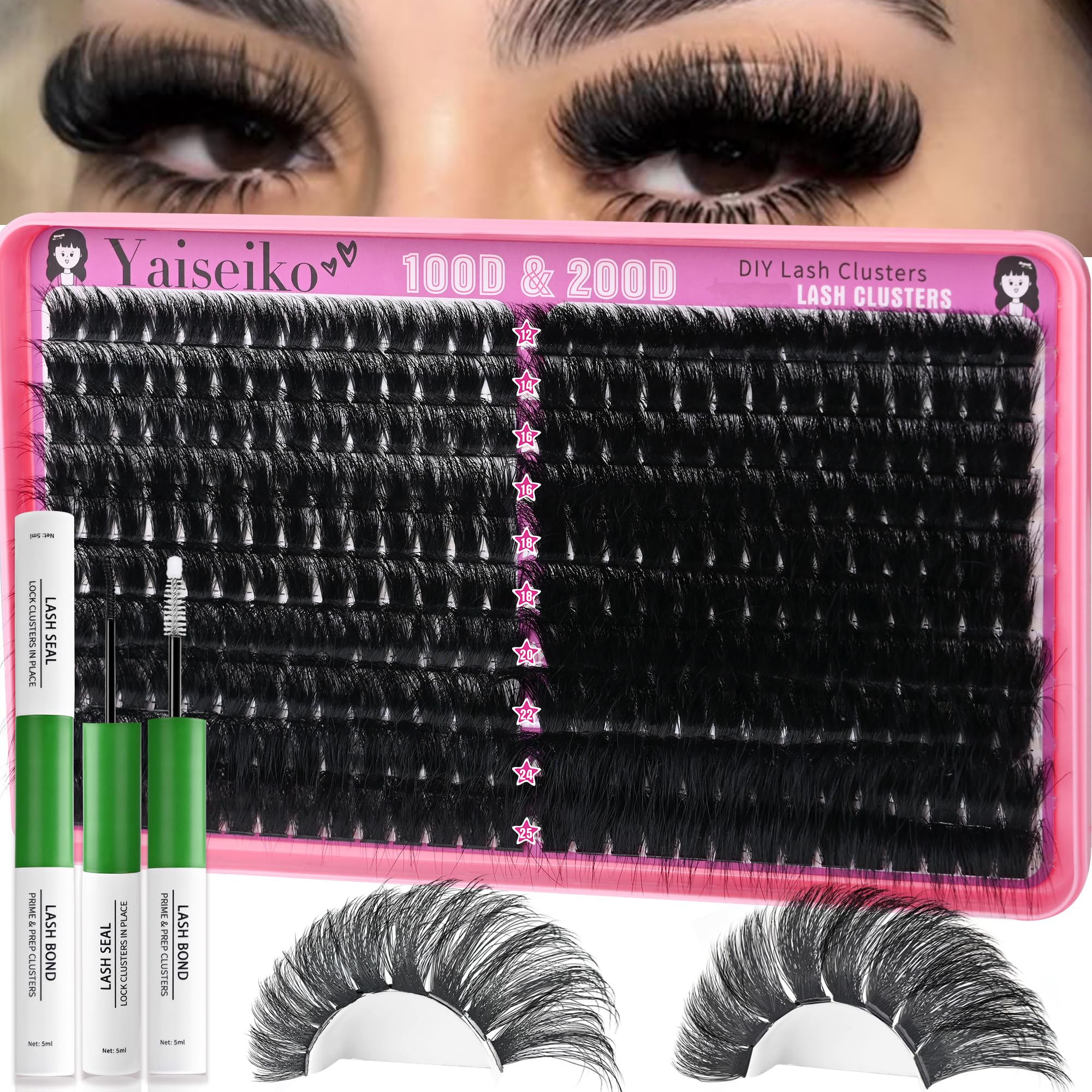 Yaiseiko Lash Clusters Kit 100D+200D Thick Volume Lashes – 12-25mm DIY Kit