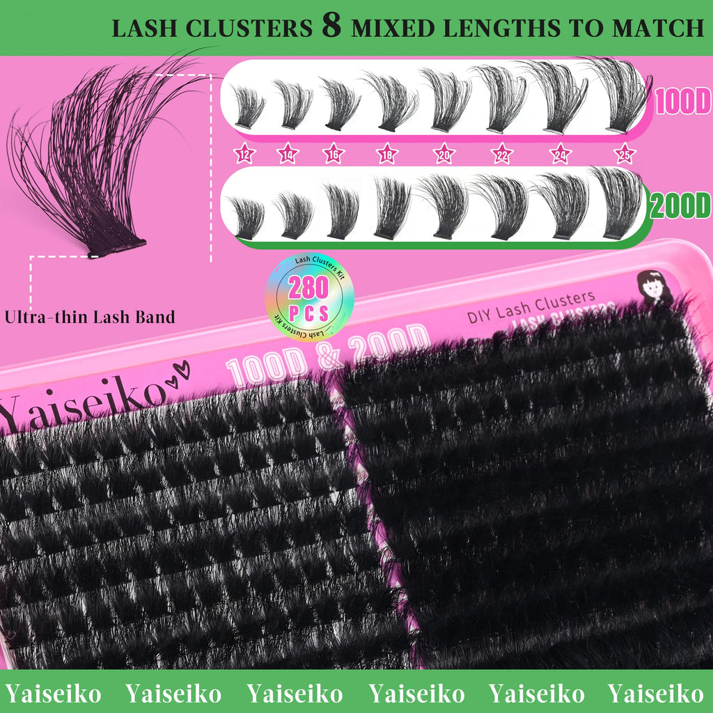 Yaiseiko Lash Clusters Kit 100D+200D Thick Volume Lashes – 12-25mm DIY Kit