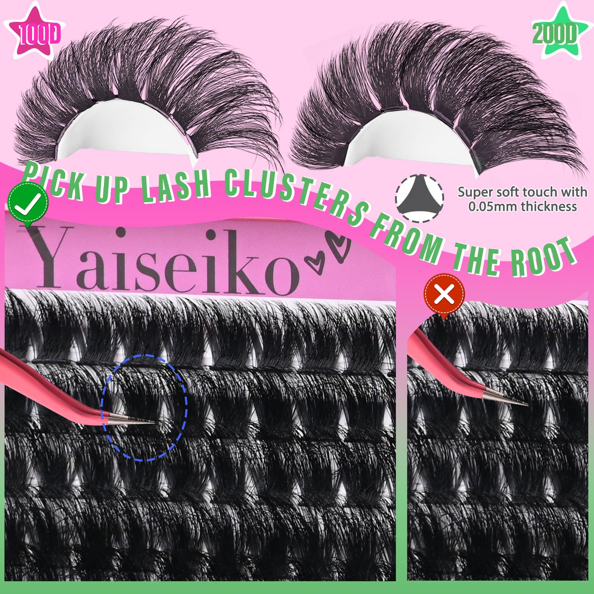 Yaiseiko Lash Clusters Kit 100D+200D Thick Volume Lashes – 12-25mm DIY Kit