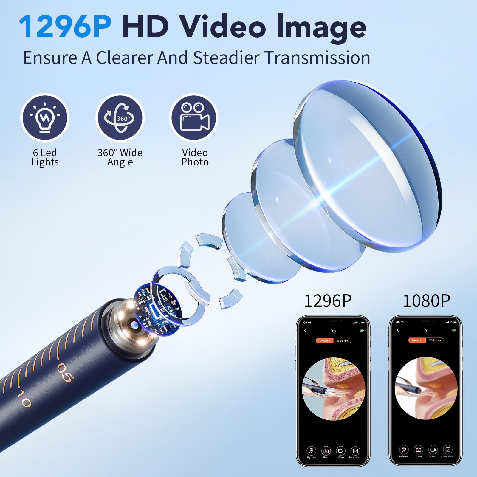 Yakbio Ear Cleaner with Camera 1296P HD - 6 LED Lights, Wireless Ear Wax Removal Kit