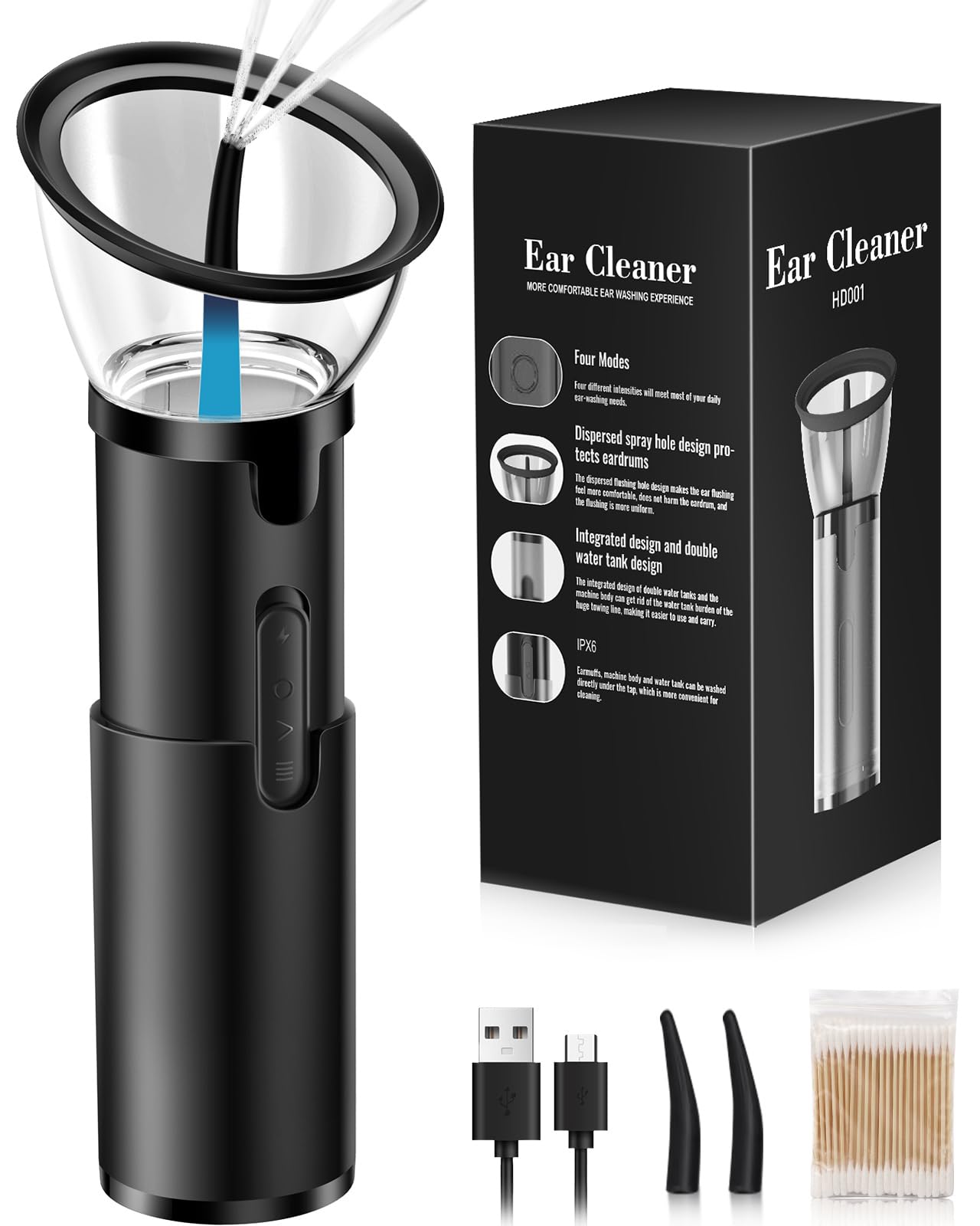 Yakbio Ear Wax Cleaner - Electric Ear Washer with 4 Pressure Modes, Retractable & Waterproof