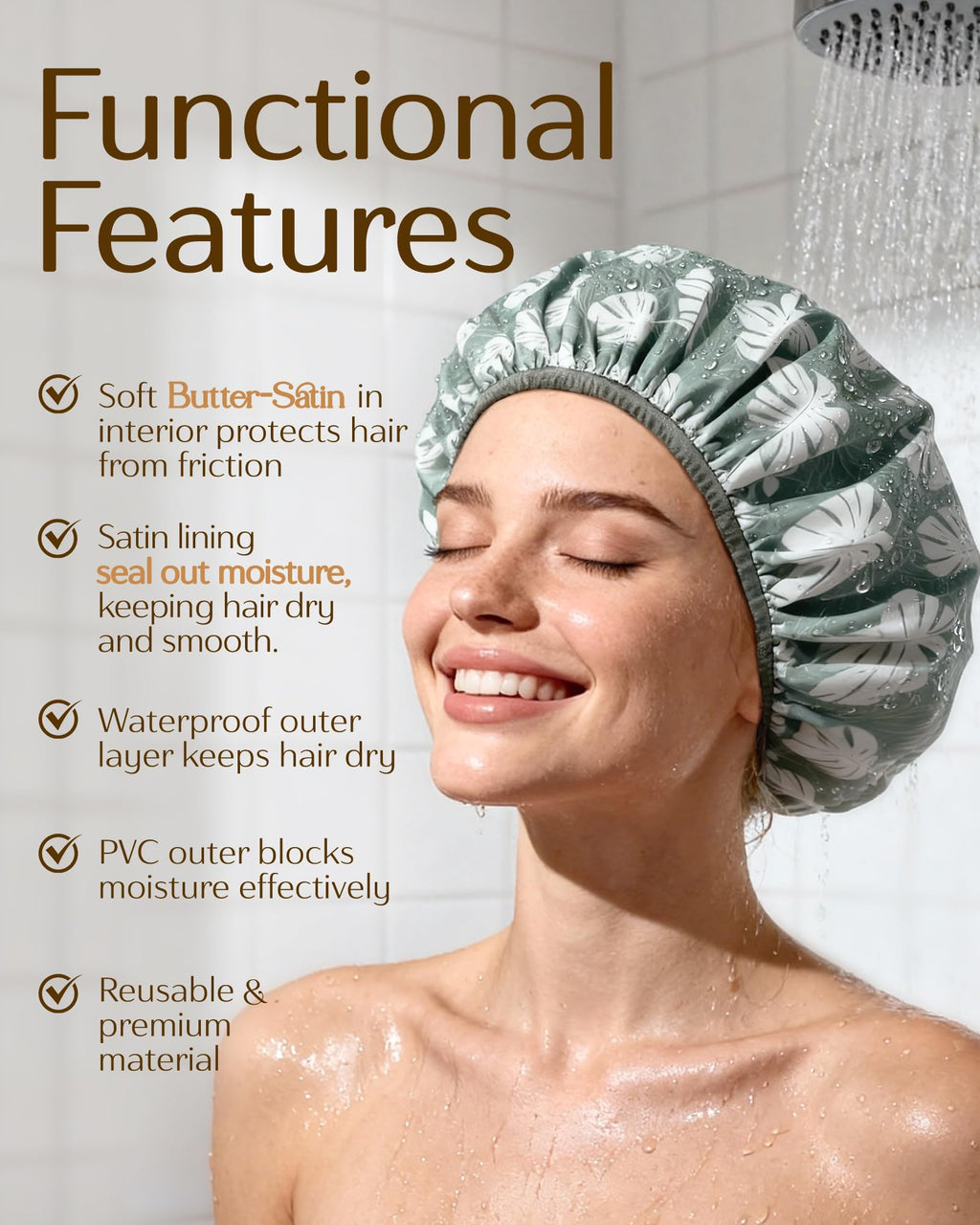 Yanibest Shower Cap for Women – Waterproof Double-Layer Satin Bonnet