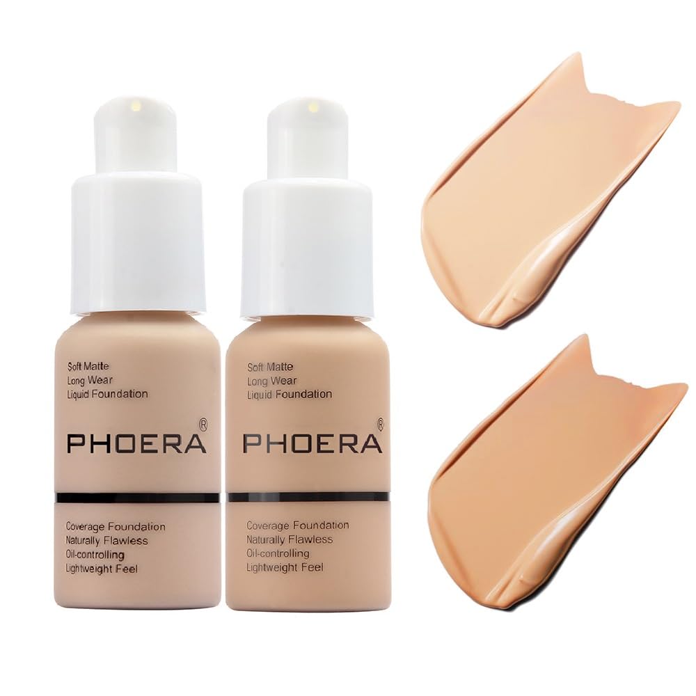 Yaper 2-Pack PHOERA Foundation 102 Nude & 104 Buff Beige | Soft Matte, Oil Control
