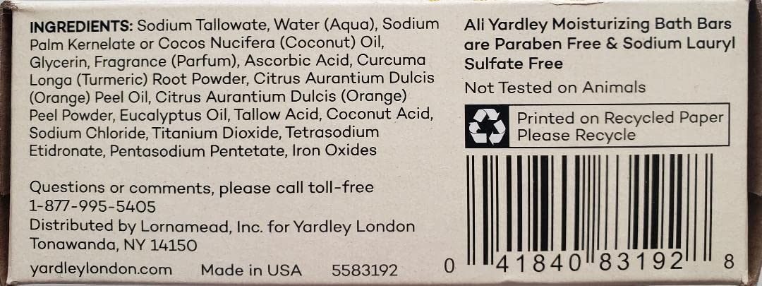 Yardley London Vitamin C Bath Bar with Turmeric & Orange Peel – Pack of 3 (4oz Each)