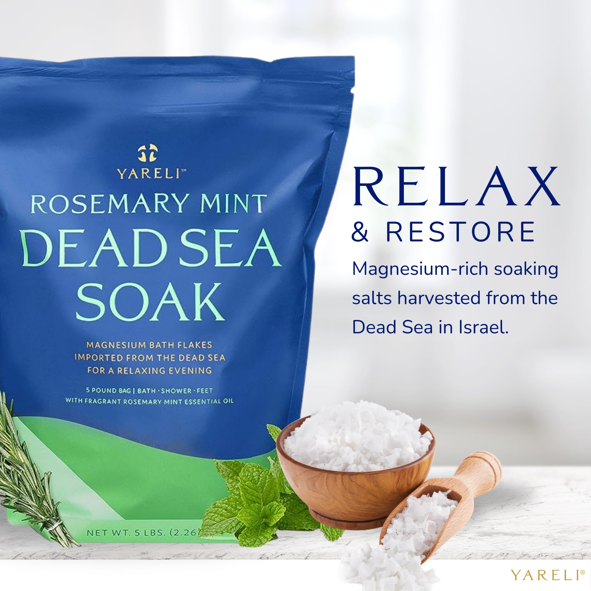 YARELI Magnesium Flakes 5lb – Rosemary Peppermint Dead Sea Bath & Foot Soak