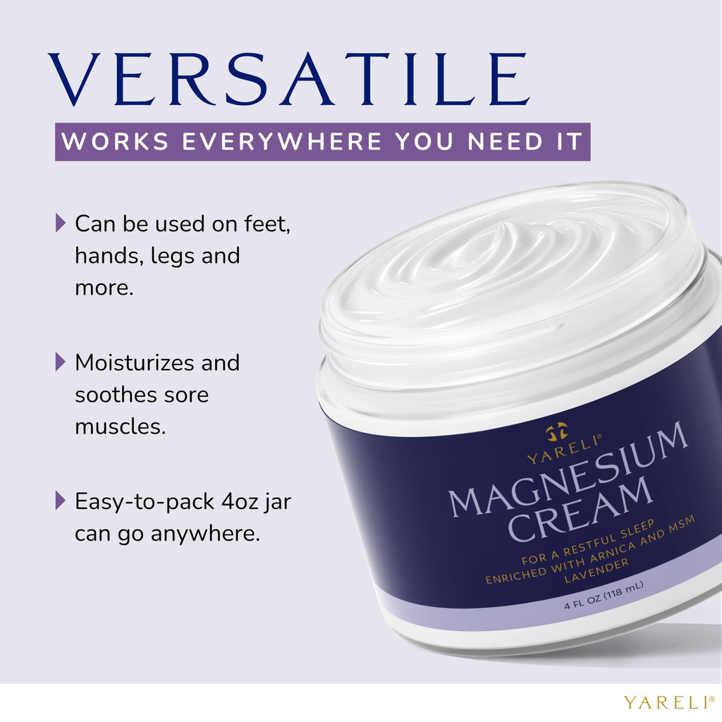 YARELI Magnesium Cream for Pain & Sleep Support – Arnica, MSM, Lavender, 4 oz