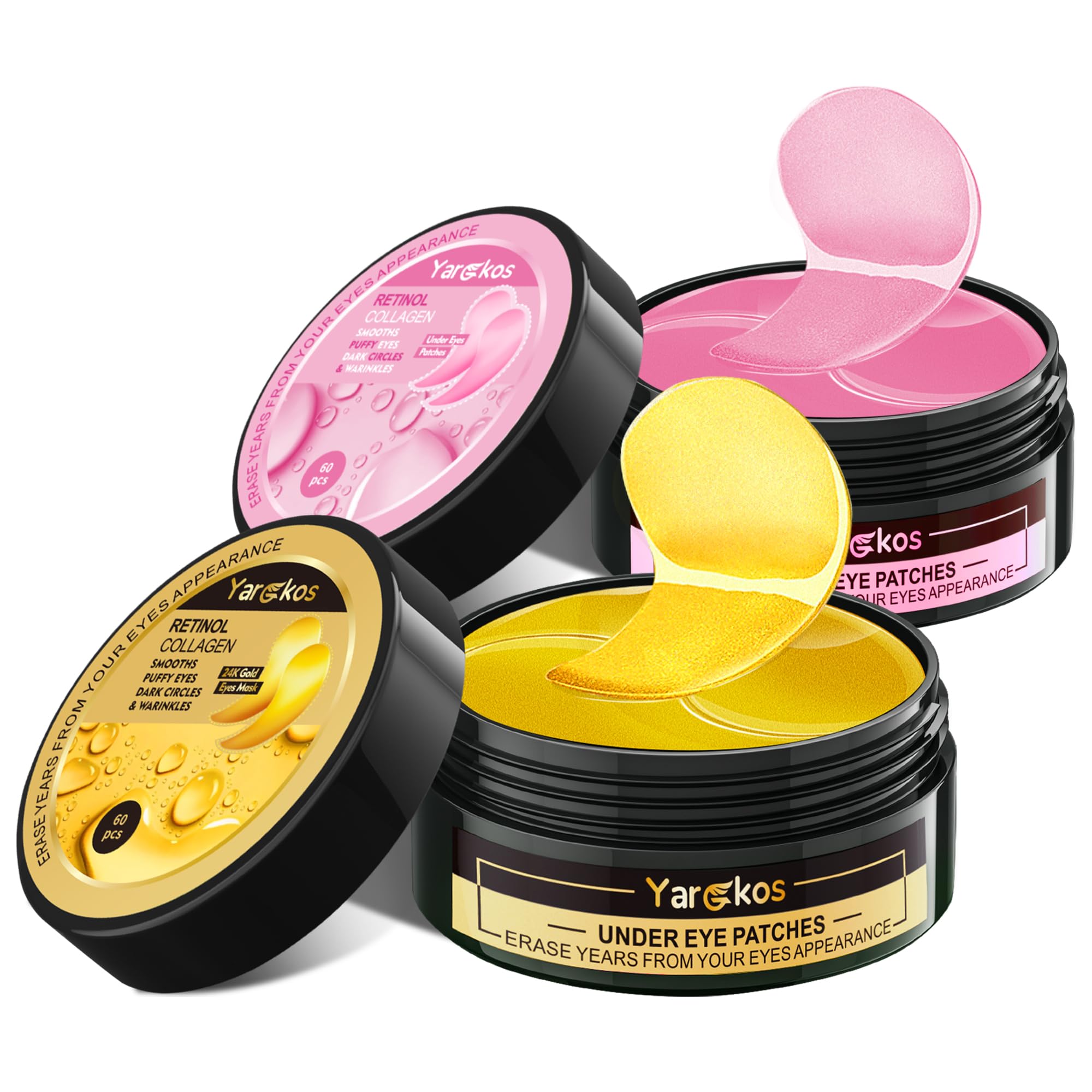 Yargkos 2 Packs 60 Pcs Under Eye Patches – 24K Gold + Pink Hydrating Gel Patches