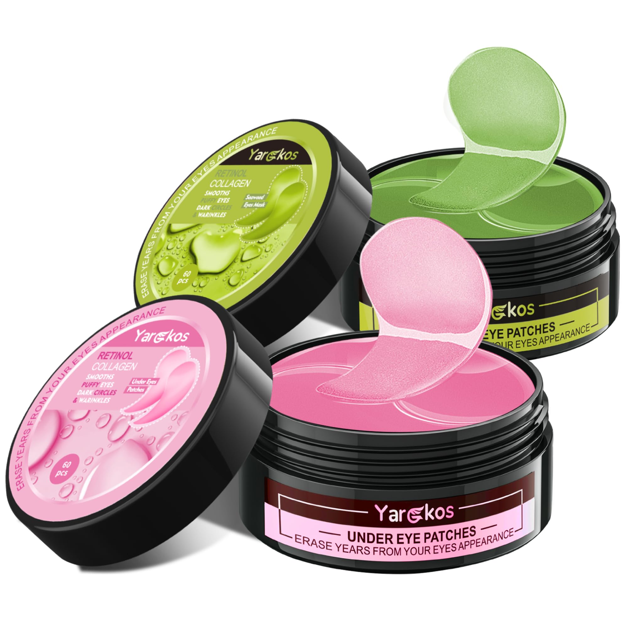 Yargkos 2 Packs Under Eye Patches – 60 Pcs (Green & Pink) Hydrating Collagen Gel Pads