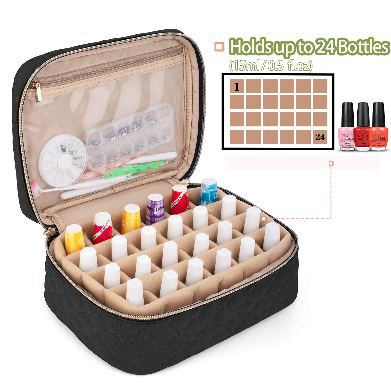 Yarwo Nail Polish Carrying Bag – 24 Bottles, 15ml, Travel Organizer, Black (Bag Only)