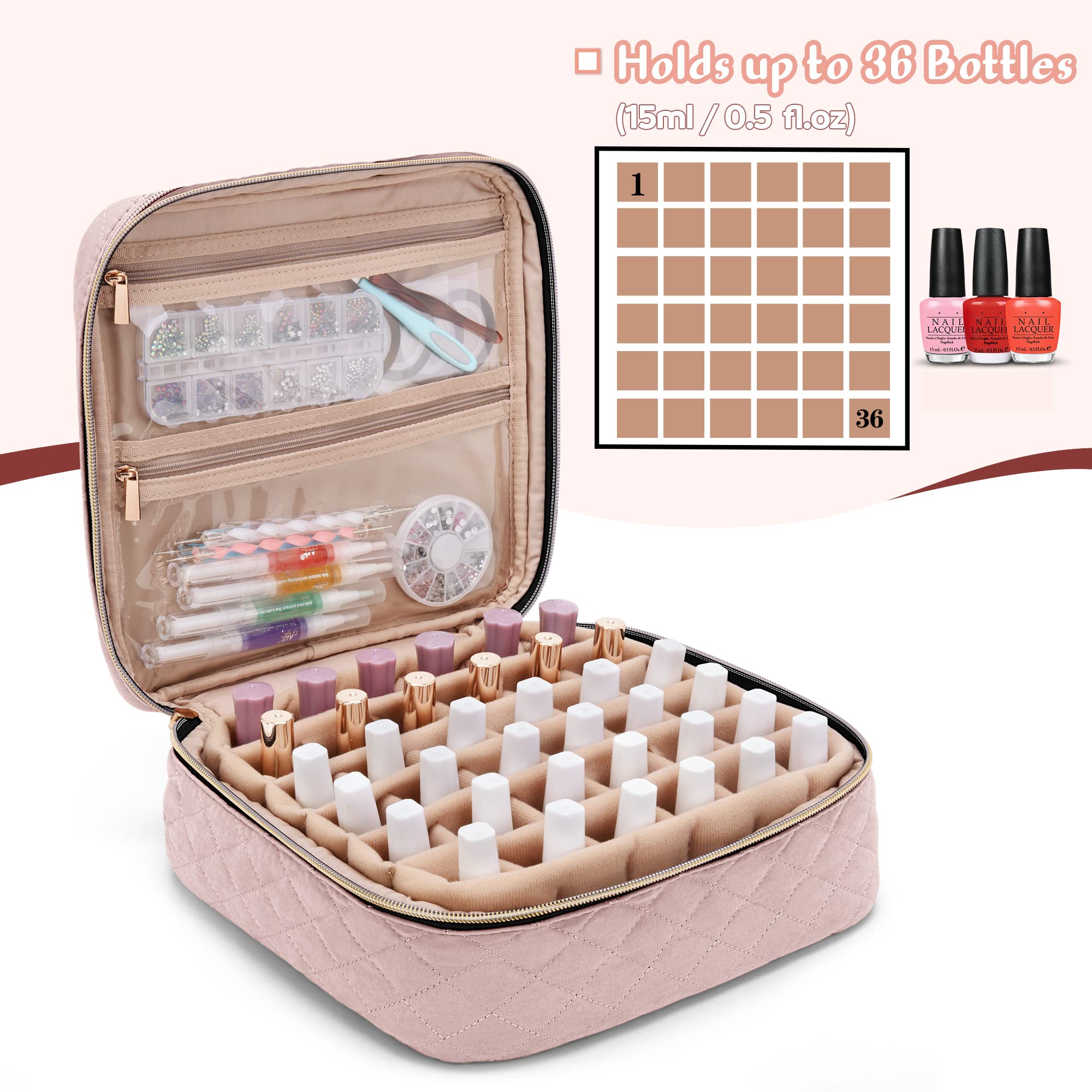 Yarwo Nail Polish Carrying Bag – Holds 36 Bottles (15ml) in Dusty Rose | Travel Organizer