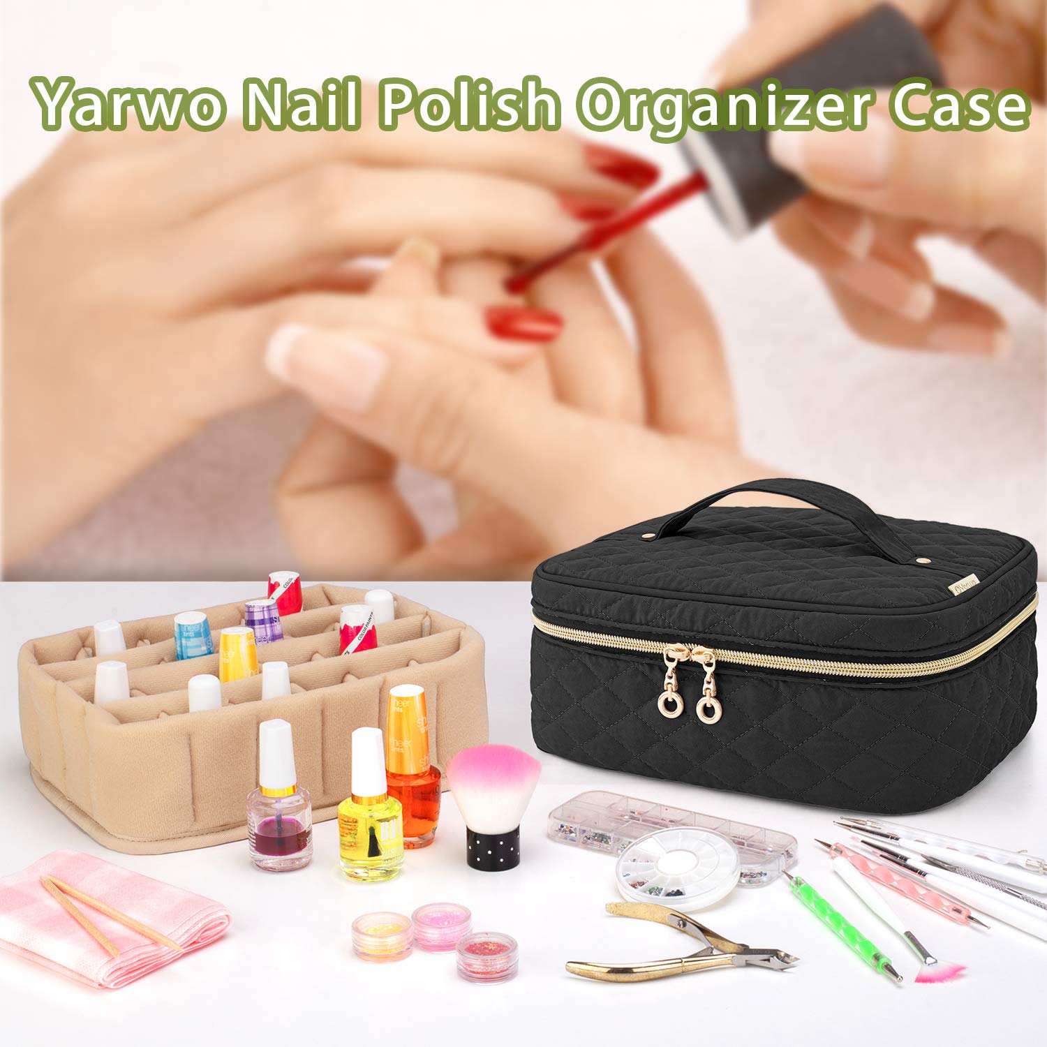 Yarwo Nail Polish Carrying Bag – 24 Bottles, 15ml, Travel Organizer, Black (Bag Only)
