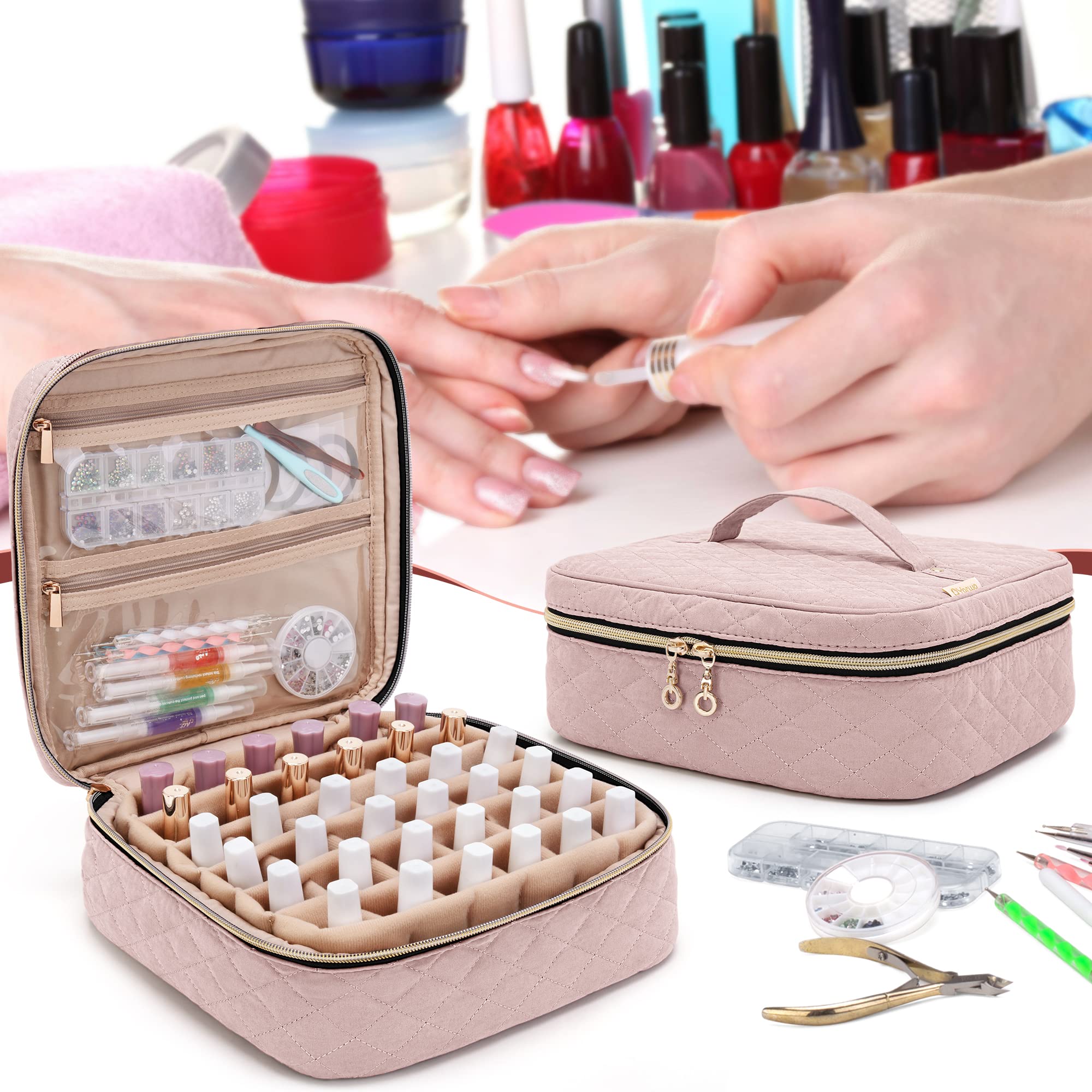 Yarwo Nail Polish Carrying Bag – Holds 36 Bottles (15ml) in Dusty Rose | Travel Organizer
