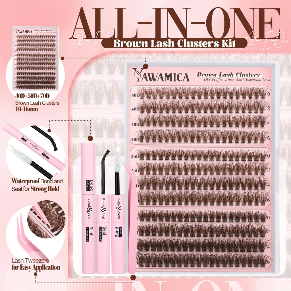 Yawamica Brown Lash Clusters Kit – DIY Fluffy Lash Extensions 10-16mm (40D-70D)