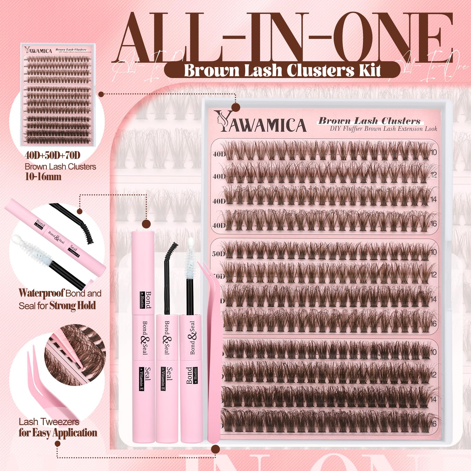 Yawamica Brown Lash Clusters Kit – DIY Fluffy Lash Extensions 10-16mm (40D-70D)