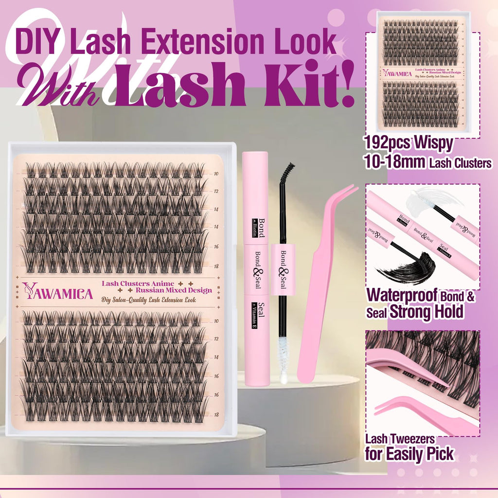 Yawamica Natural Lash Clusters Kit – Wispy DIY Lash Extensions (10-18mm) with Glue & Tweezers