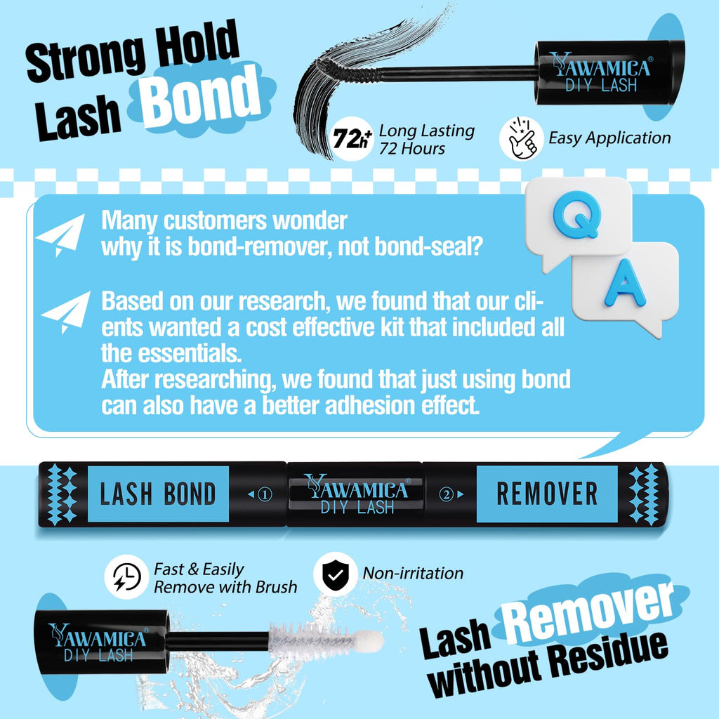 Yawamica Lash Extension Kit Fluffier 150D+200D Clusters | DIY Lashes 12-20mm with Bond, Remover & Tweezers