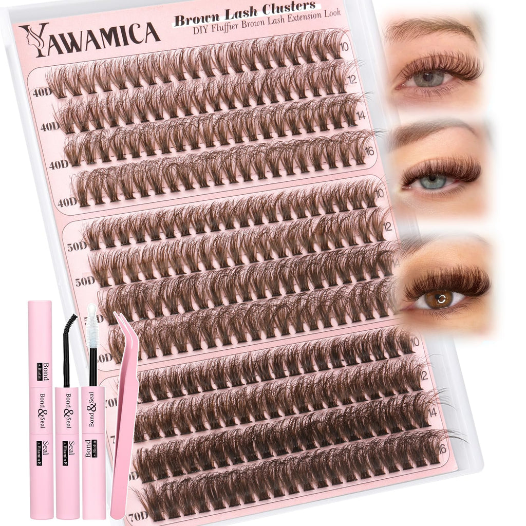 Yawamica Brown Lash Clusters Kit – DIY Fluffy Lash Extensions 10-16mm (40D-70D)