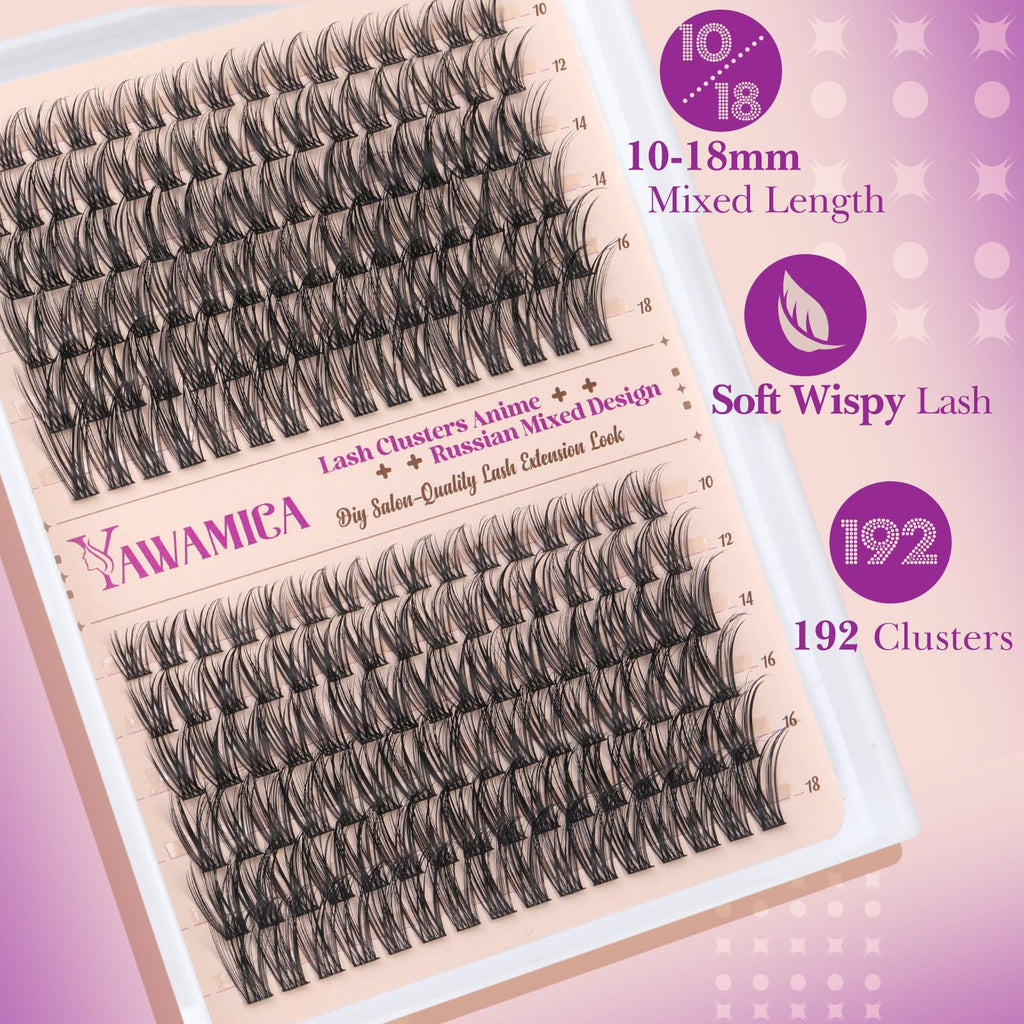 Yawamica Natural Lash Clusters Kit – Wispy DIY Lash Extensions (10-18mm) with Glue & Tweezers