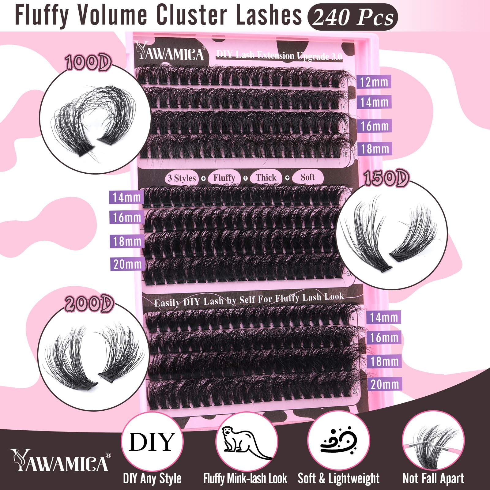 Yawamica Eyelash Extension Kit – Fluffy Volume Lashes, 14-20mm D Curl, 240pcs Clusters + Bond & Seal