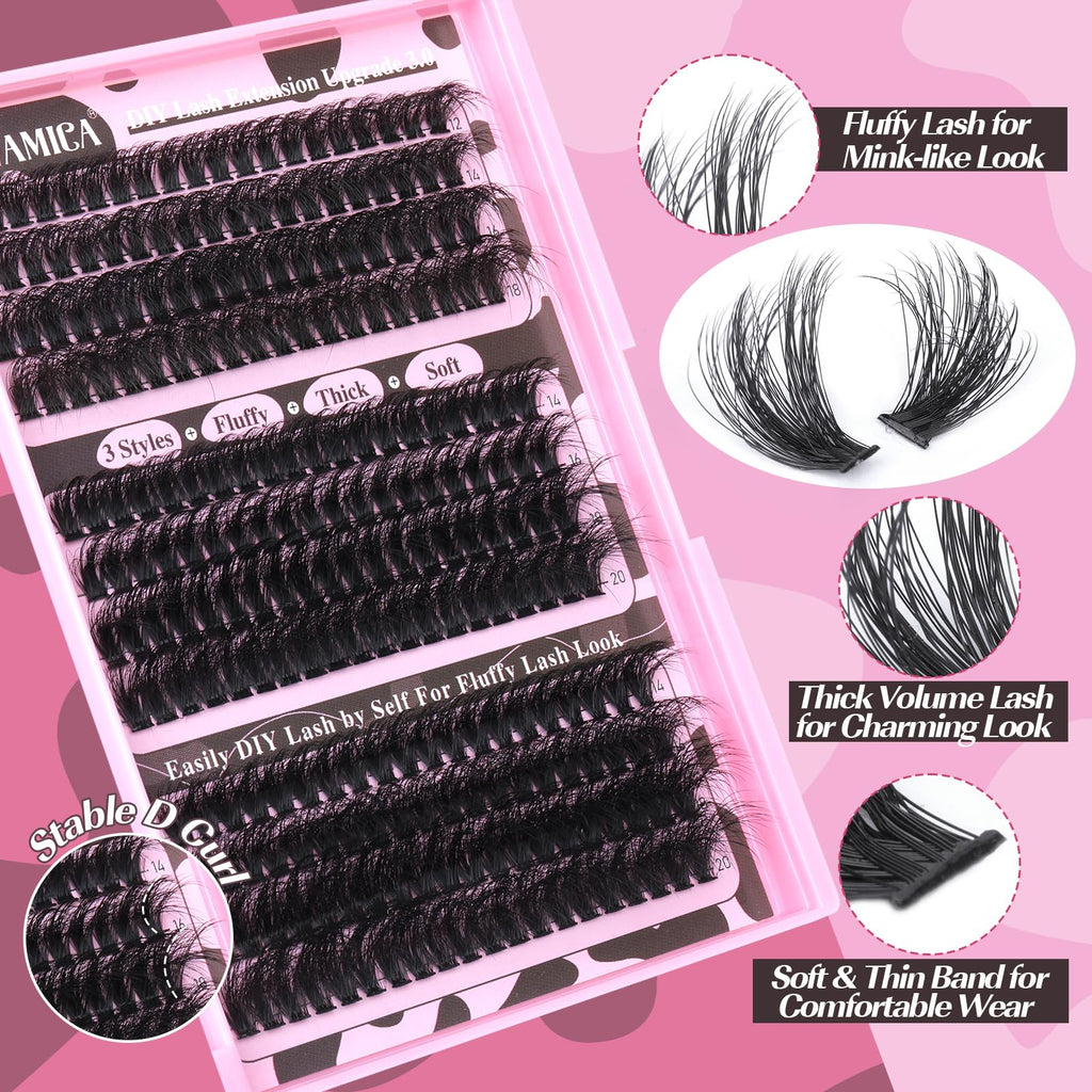 Yawamica Eyelash Extension Kit – Fluffy Volume Lashes, 14-20mm D Curl, 240pcs Clusters + Bond & Seal