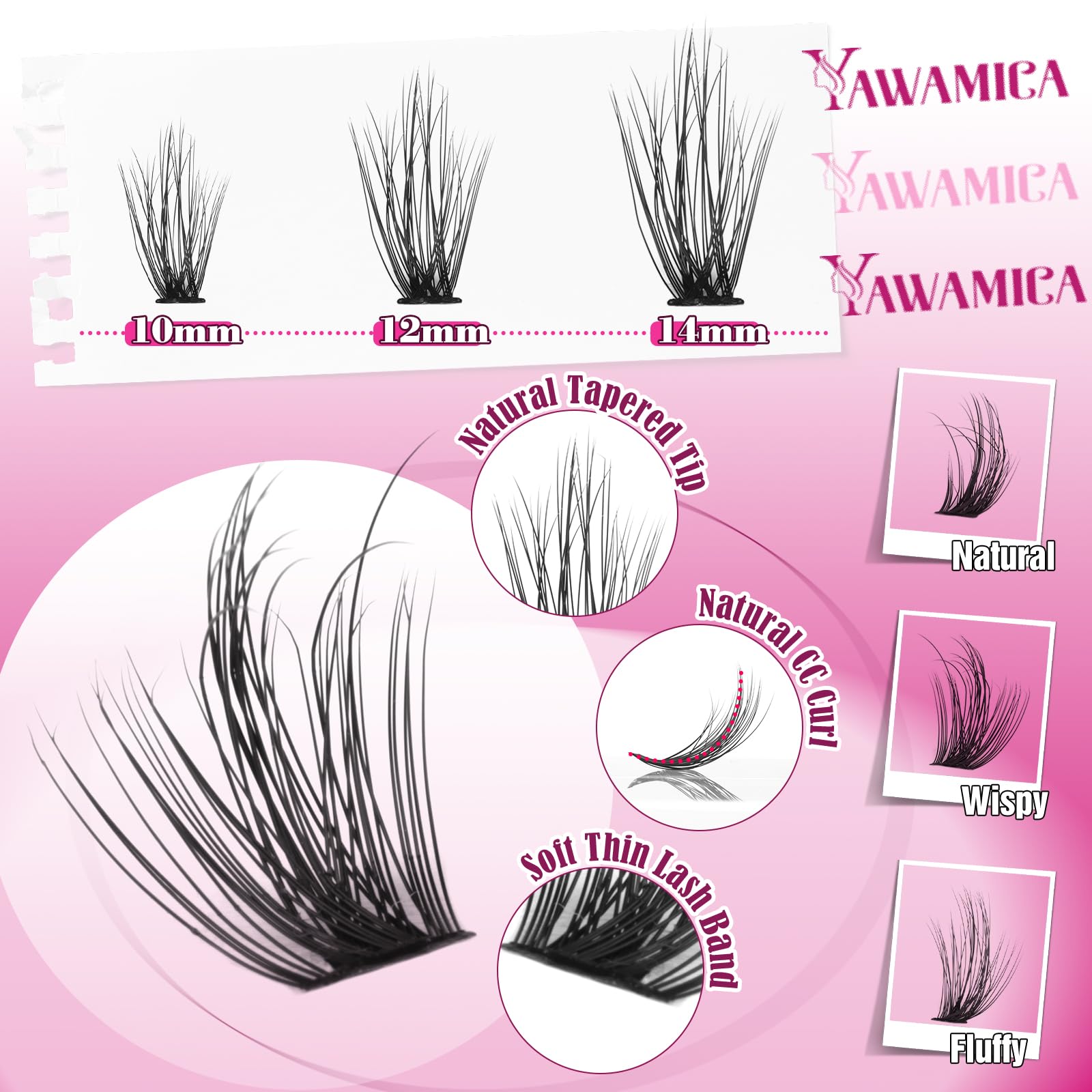 Yawamica Natural Lash Clusters Kit CC Curl 10-14mm DIY Lash Extension