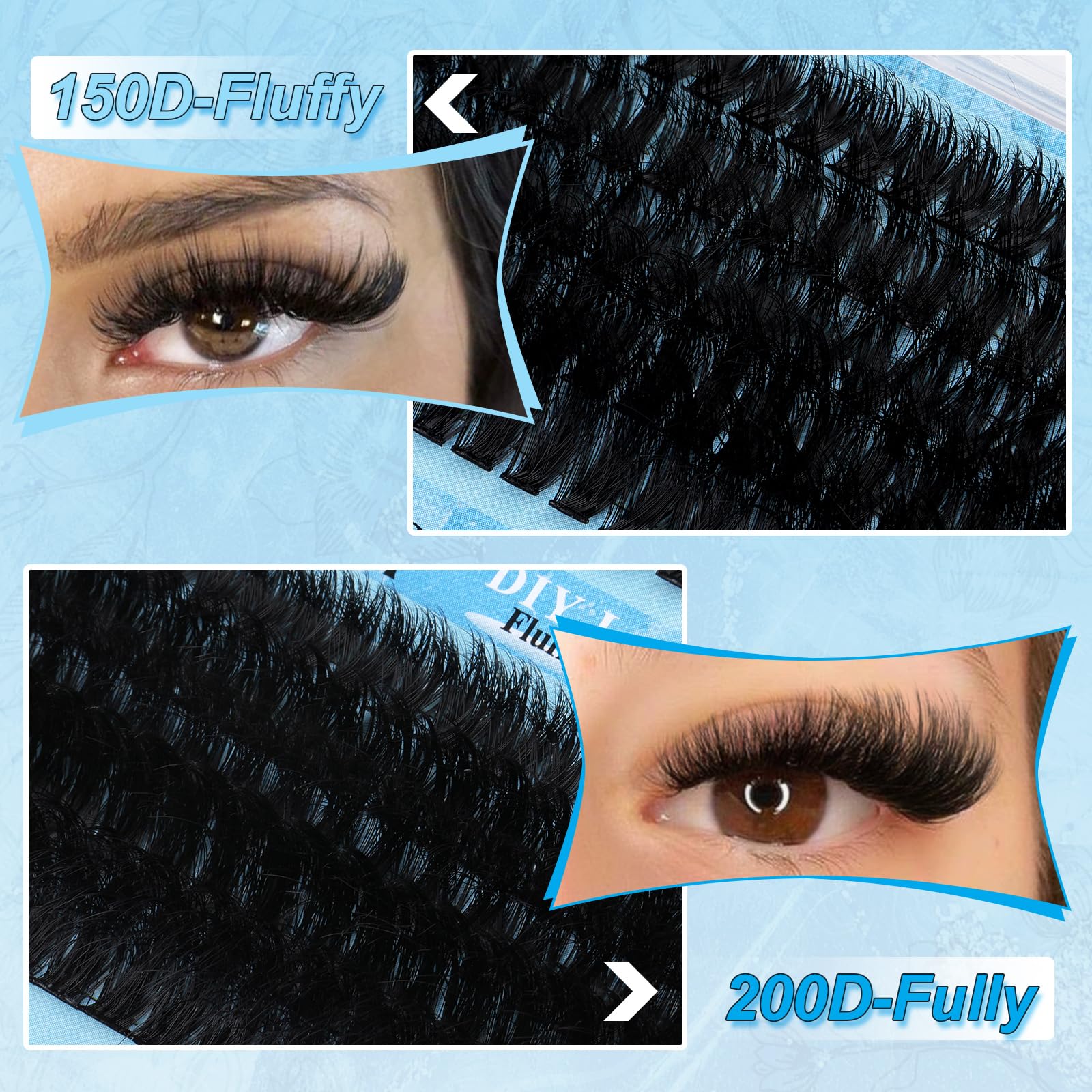 Yawamica Lash Extension Kit Fluffier 150D+200D Clusters | DIY Lashes 12-20mm with Bond, Remover & Tweezers