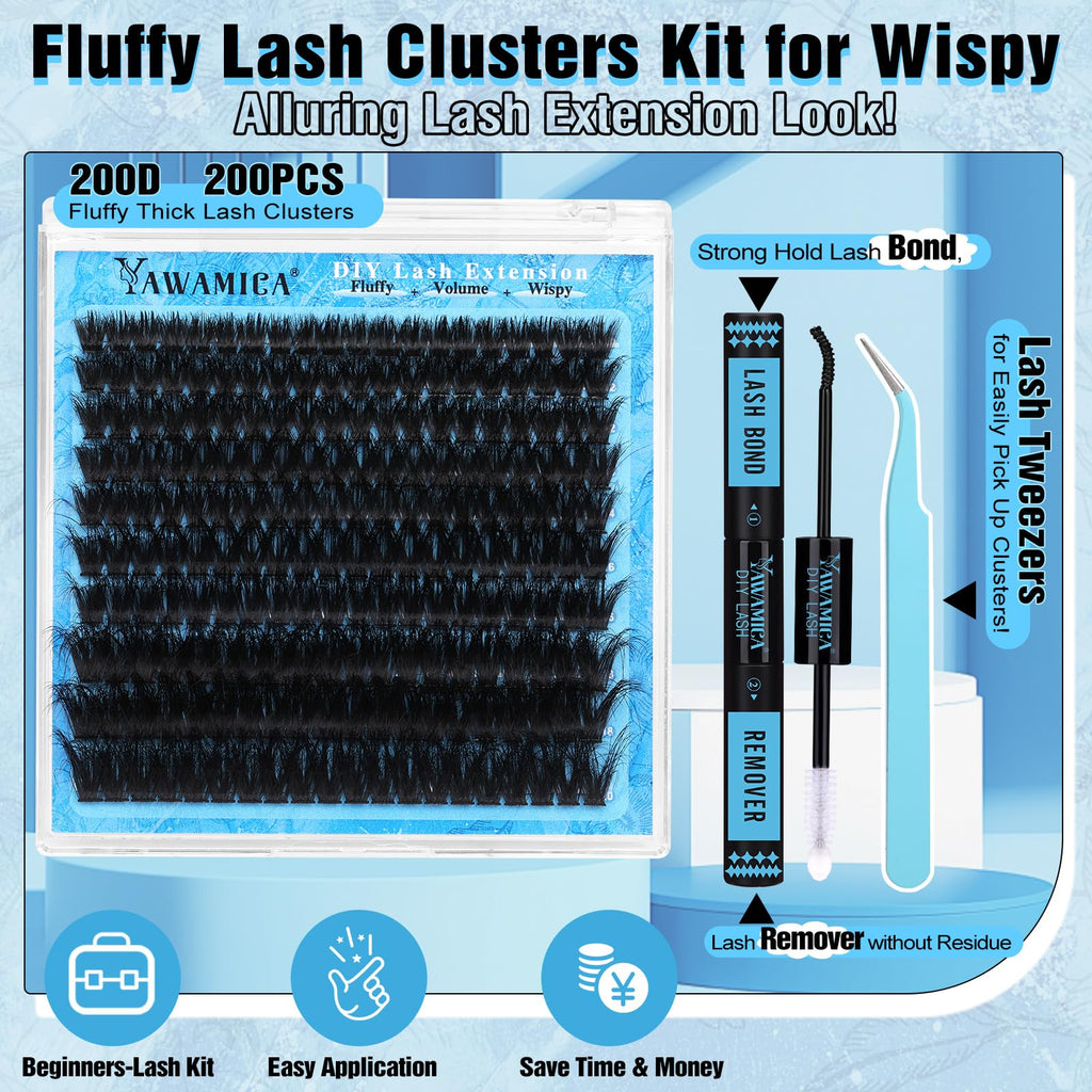 Yawamica Lash Clusters Kit 200D – Fluffy DIY Lash Extensions (10-20mm)
