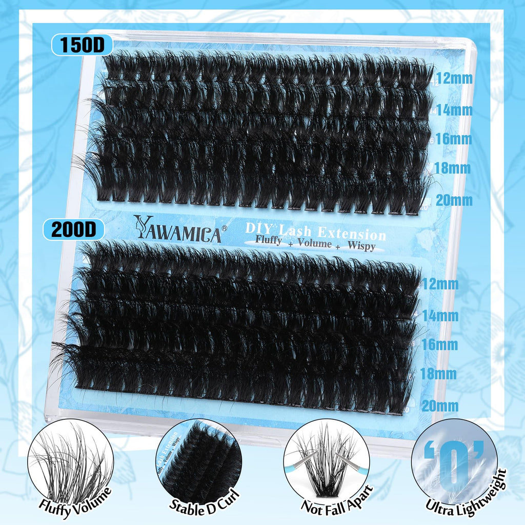 Yawamica Lash Extension Kit Fluffier 150D+200D Clusters | DIY Lashes 12-20mm with Bond, Remover & Tweezers