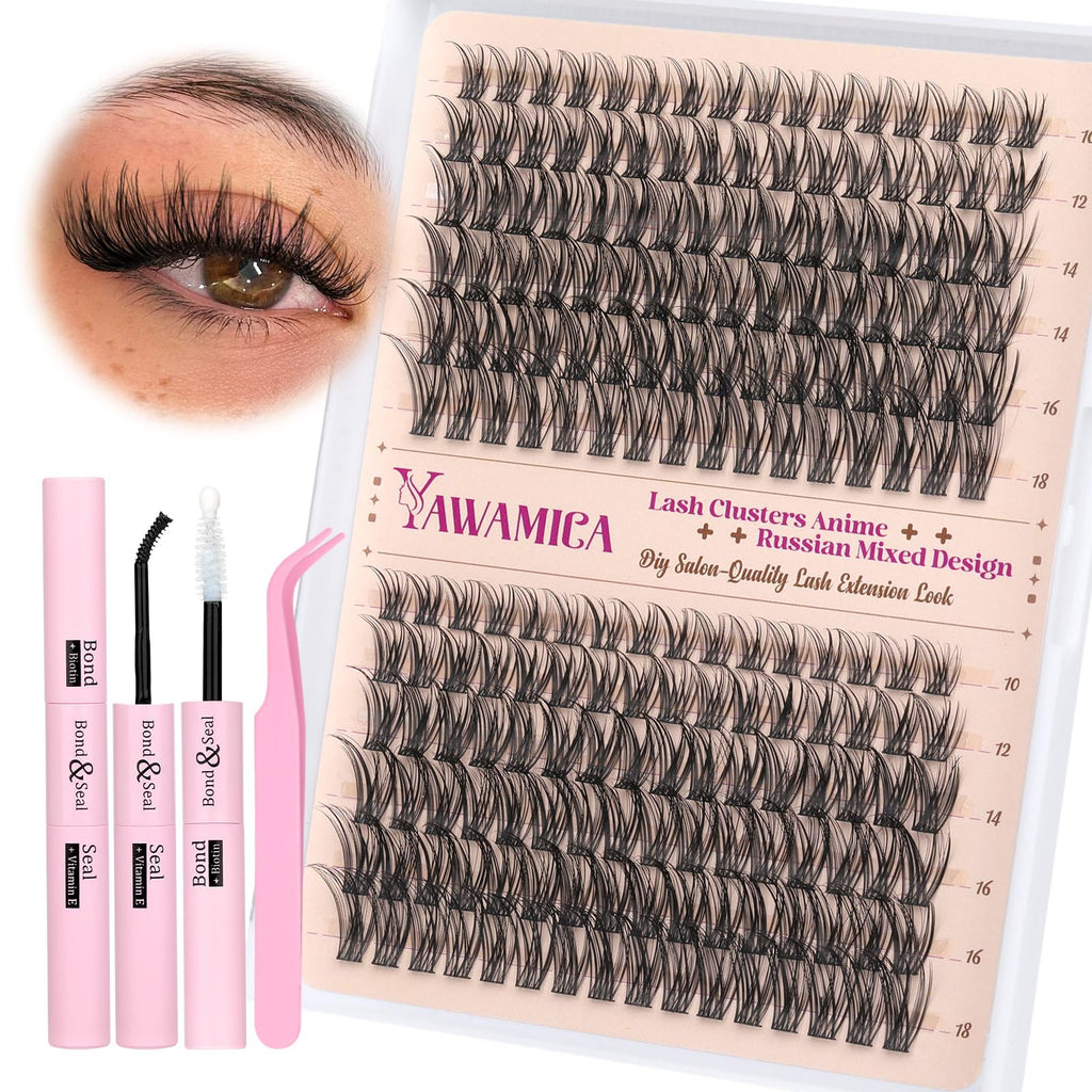 Yawamica Natural Lash Clusters Kit – Wispy DIY Lash Extensions (10-18mm) with Glue & Tweezers