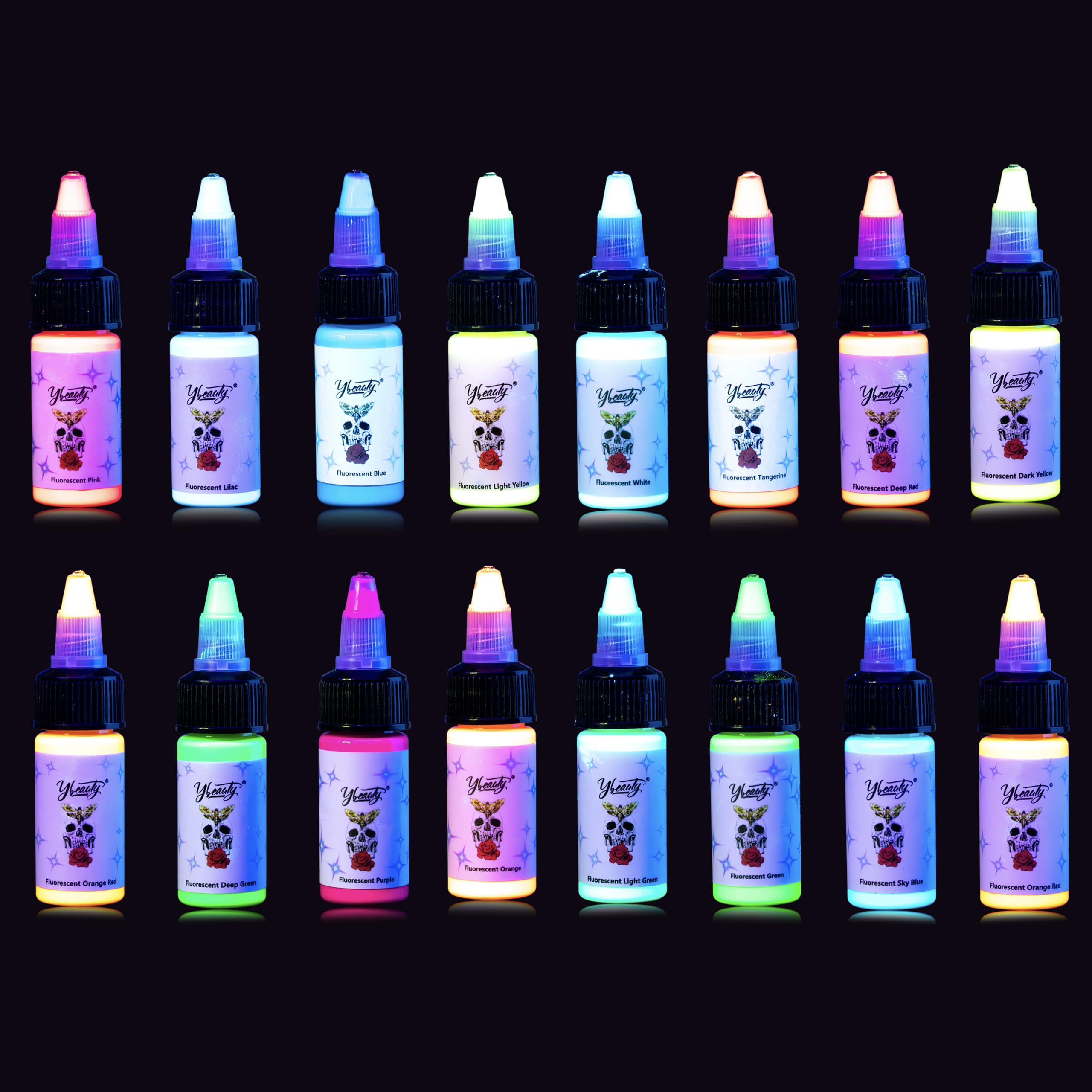 Ybeauty 16 Color Tattoo Ink Set – 16x 15ml Fluorescent UV Glow Inks for Halloween & Cosplay
