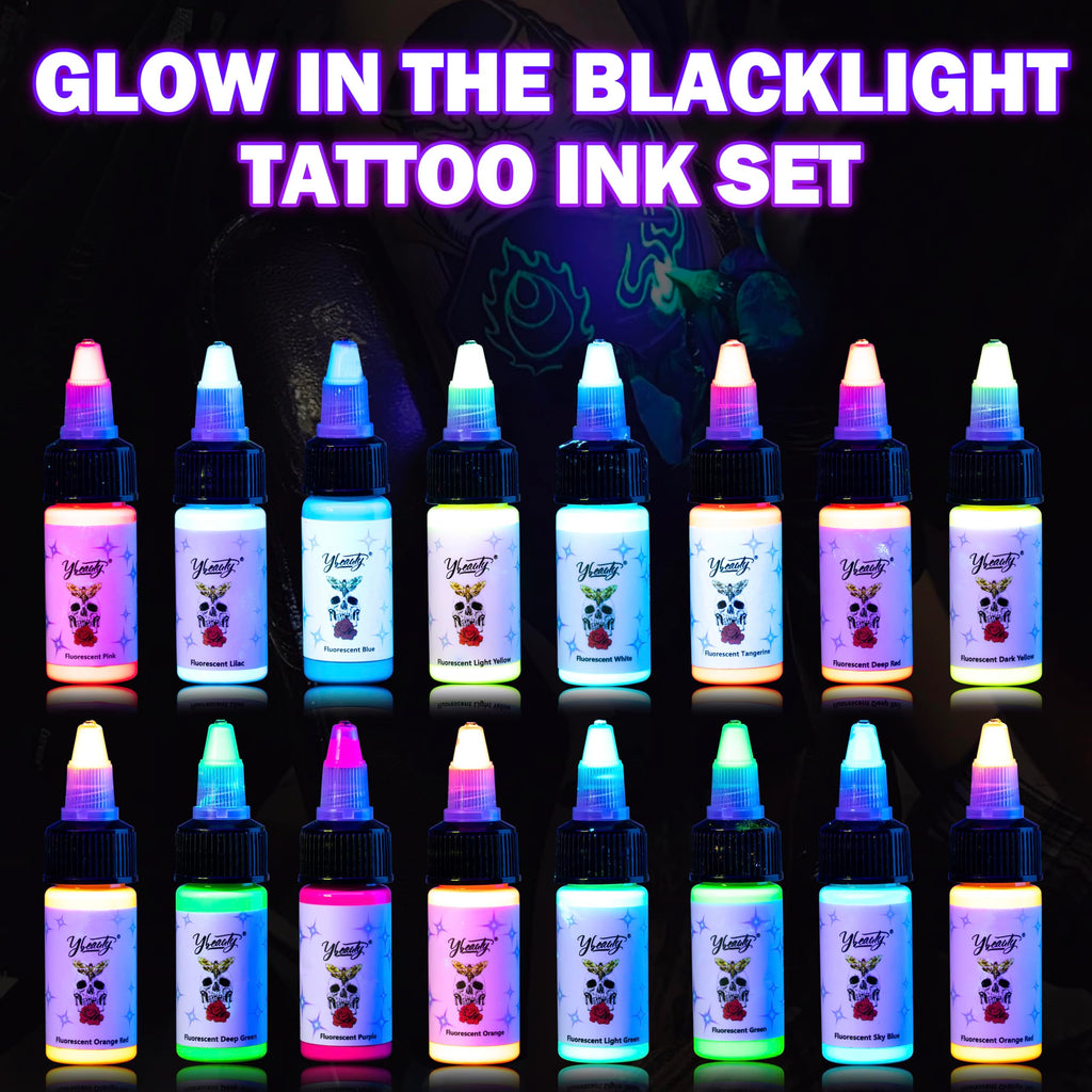 Ybeauty 16 Color Tattoo Ink Set – 16x 15ml Fluorescent UV Glow Inks for Halloween & Cosplay