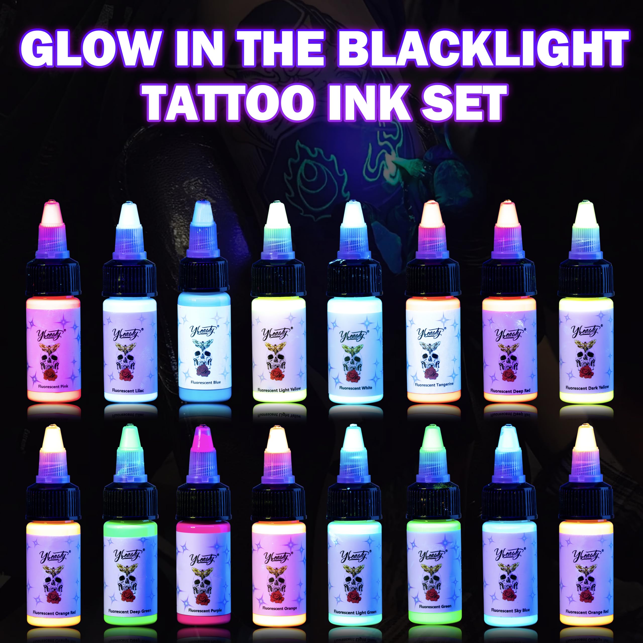 Ybeauty 16 Color Tattoo Ink Set – 16x 15ml Fluorescent UV Glow Inks for Halloween & Cosplay