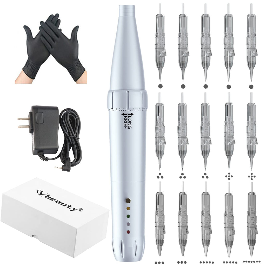 YBEAUTY Eyebrow Tattoo Wired Machine Kit – Corded Micropigmentation Pen with 15 Cartridges (Snow)